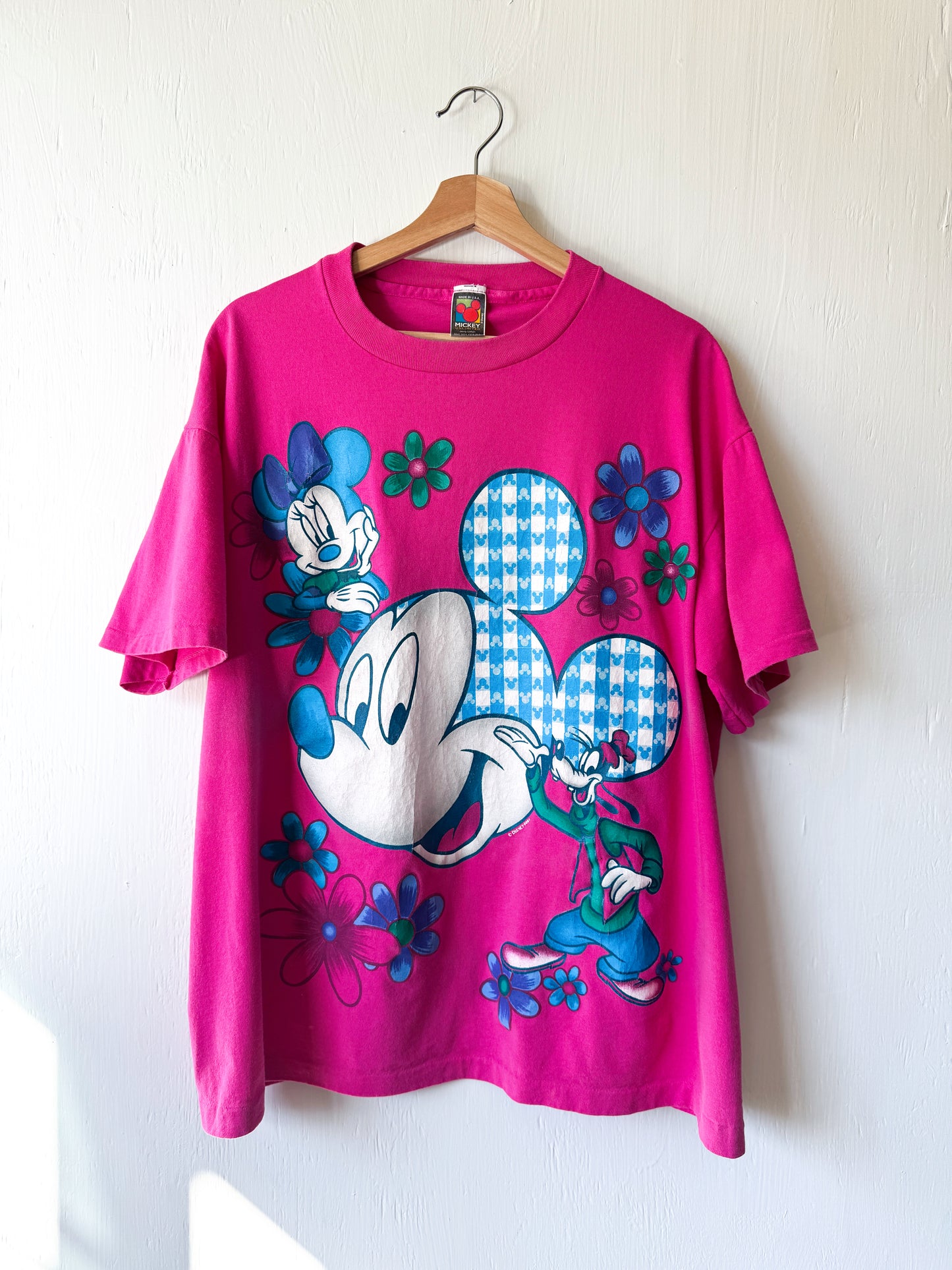 VINTAGE 90’s Big Face Mickey Floral Ghingam Tee - 1X