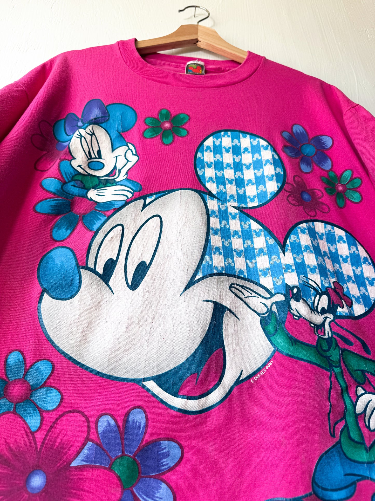 VINTAGE 90’s Big Face Mickey Floral Ghingam Tee - 1X